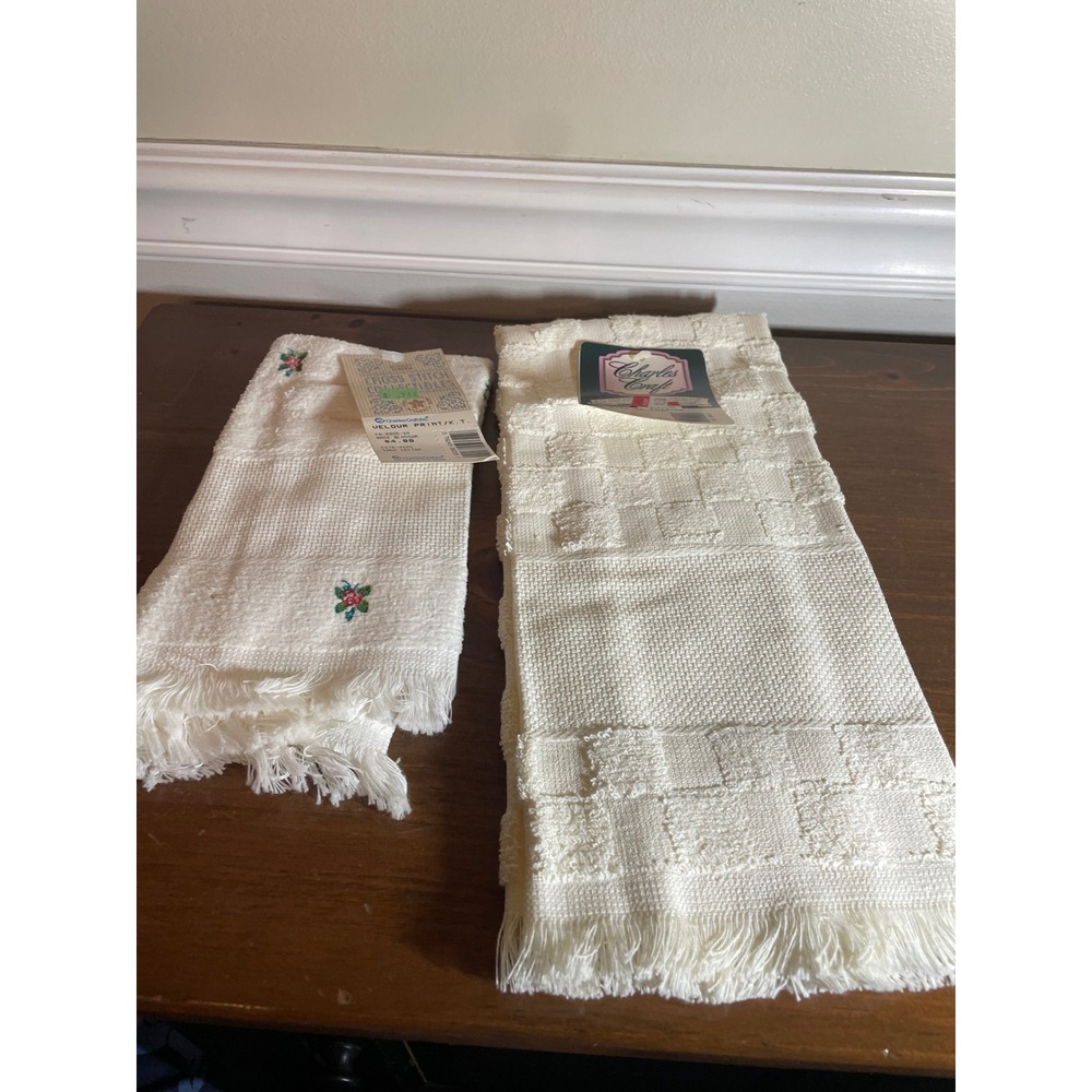 Charles Craft Vintage Cotton Hand Towel Set Rose Blossom Floral Fringe Cream